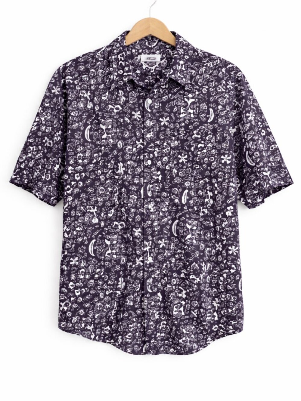 DOCKERS | 90s White & Periwinkle Print Button-Up Tee – Men’s Medium